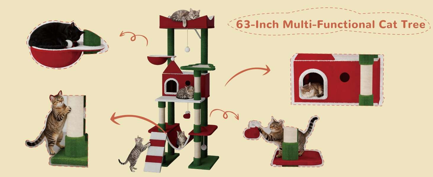 Torre de gatos multi-nivel (73x48x160 cm). Diseño Navideño, 5 postes rascadores y marco rectangular anti-vuelco.