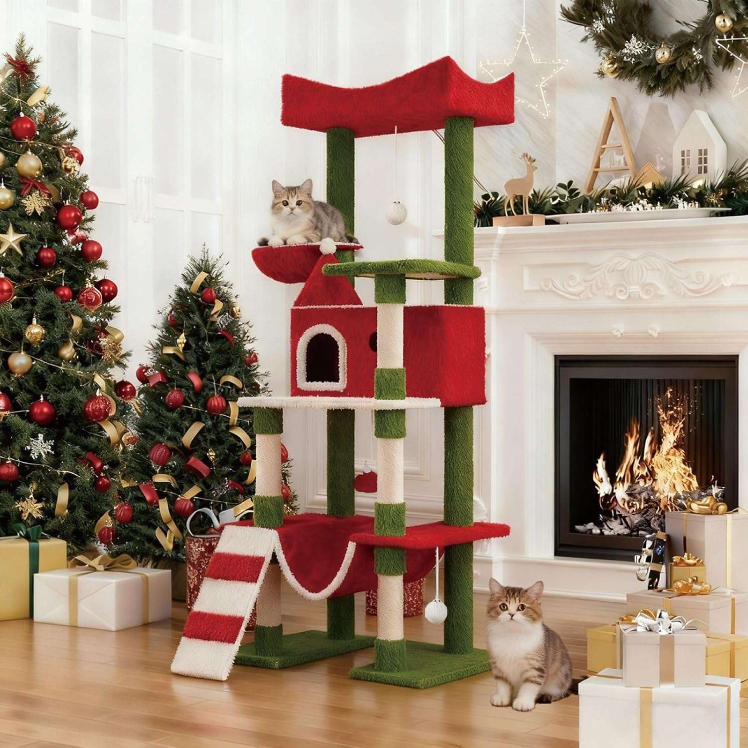 Torre de gatos multi-nivel (73x48x160 cm). Diseño Navideño, 5 postes rascadores y marco rectangular anti-vuelco.
