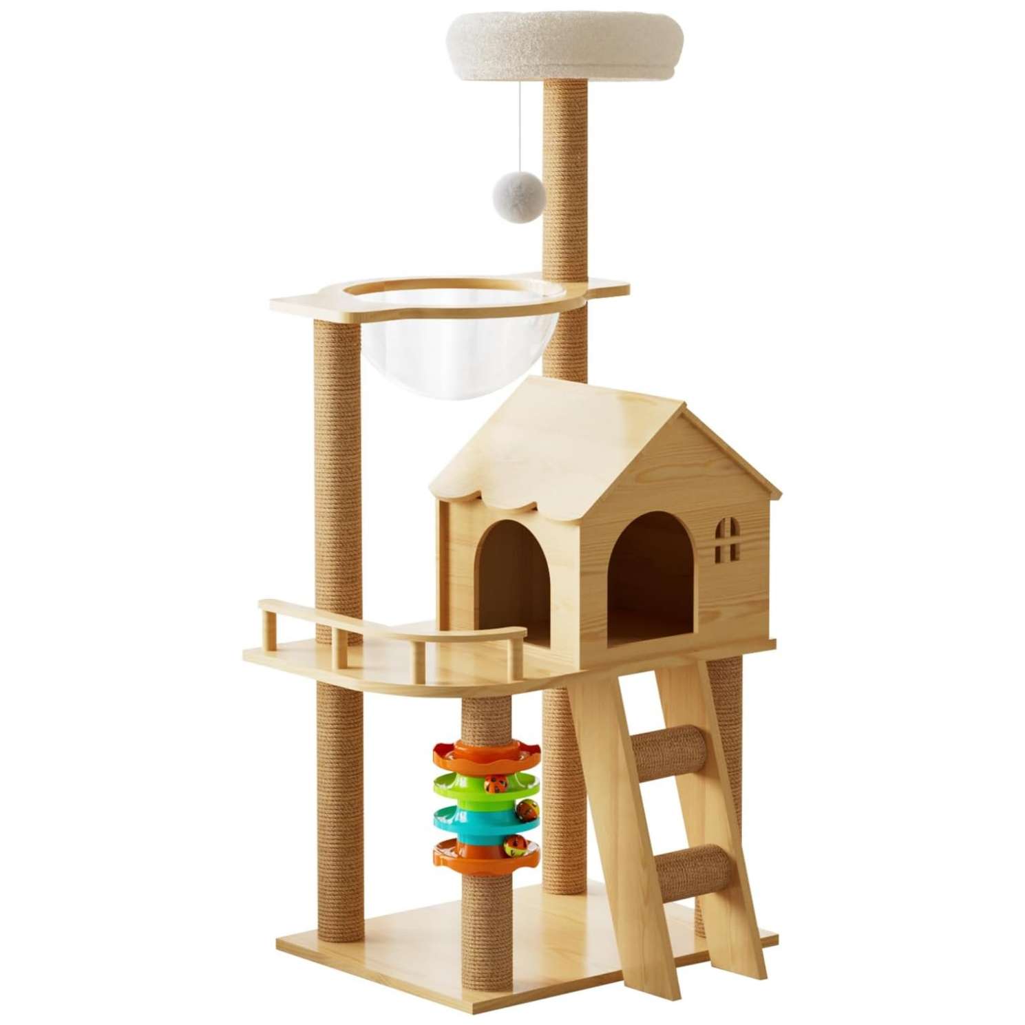 Torre para gatos de 120 cm, fabricada en madera contrachapada. Incluye hamaca transparente 360°, condominio y postes de sisal.