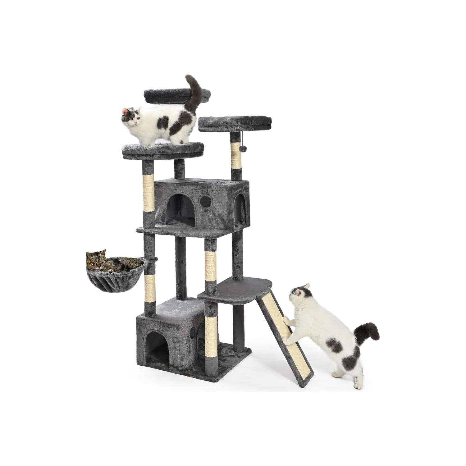 Torre rascador vertical de 173 cm para gatos (michis) con dos condominios, hamaca superior y postes de sisal natural. Ideal para hogares con múltiples felinos que buscan estabilidad y maximizar el espacio.