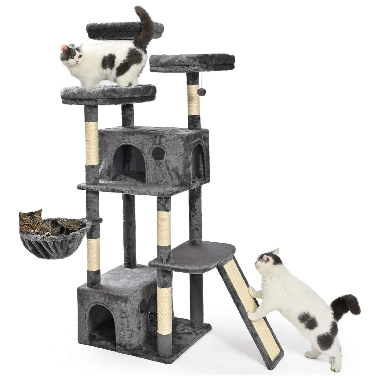 Torre rascador vertical de 173 cm para gatos (michis) con dos condominios, hamaca superior y postes de sisal natural. Ideal para hogares con múltiples felinos que buscan estabilidad y maximizar el espacio.