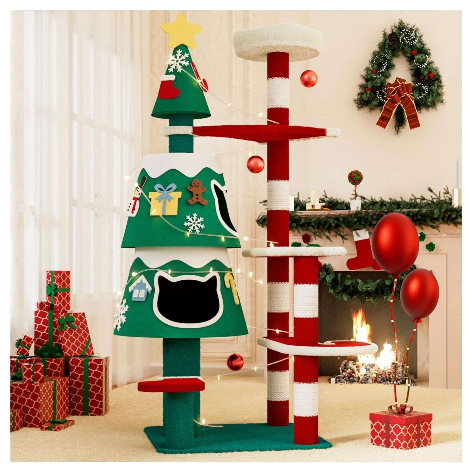 Árbol de Navidad (144 cm) para gatos grandes. Incluye 2 condominios con marco de metal, luces LED y postes de sisal engrosado.
