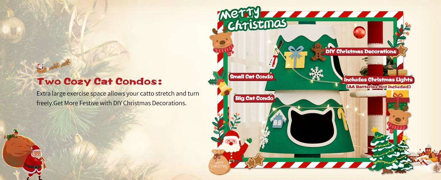 Árbol de Navidad (144 cm) para gatos grandes. Incluye 2 condominios con marco de metal, luces LED y postes de sisal engrosado.