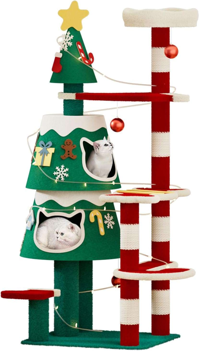 Árbol de Navidad (144 cm) para gatos grandes. Incluye 2 condominios con marco de metal, luces LED y postes de sisal engrosado.