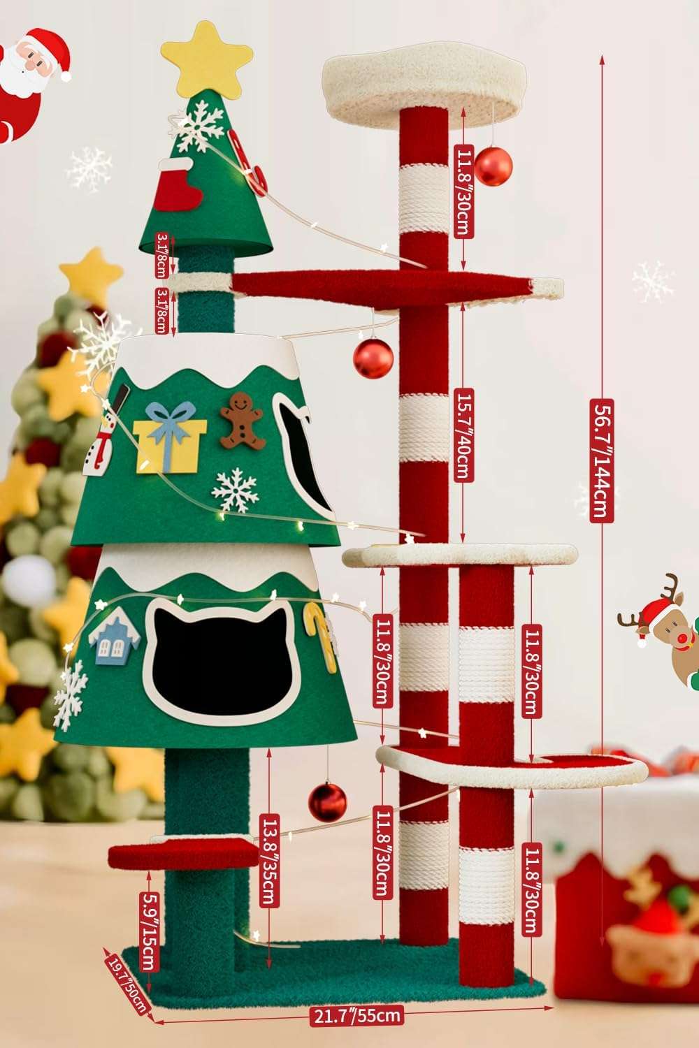 Árbol de Navidad (144 cm) para gatos grandes. Incluye 2 condominios con marco de metal, luces LED y postes de sisal engrosado.