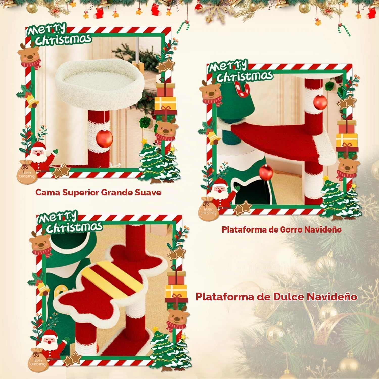 Árbol de Navidad (144 cm) para gatos grandes. Incluye 2 condominios con marco de metal, luces LED y postes de sisal engrosado.