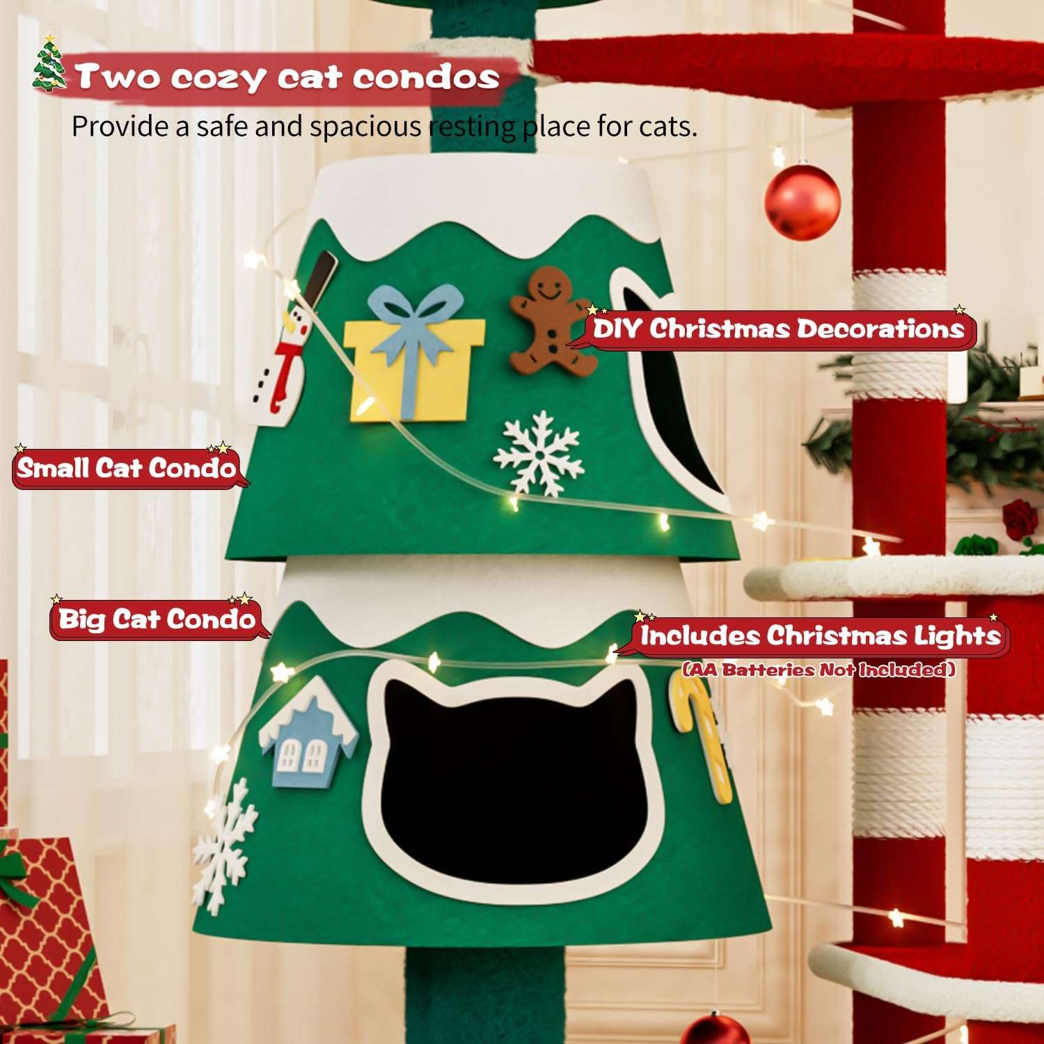 Árbol de Navidad (144 cm) para gatos grandes. Incluye 2 condominios con marco de metal, luces LED y postes de sisal engrosado.