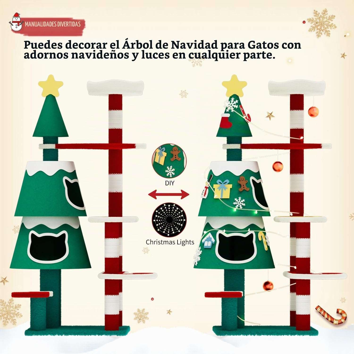 Árbol de Navidad (144 cm) para gatos grandes. Incluye 2 condominios con marco de metal, luces LED y postes de sisal engrosado.