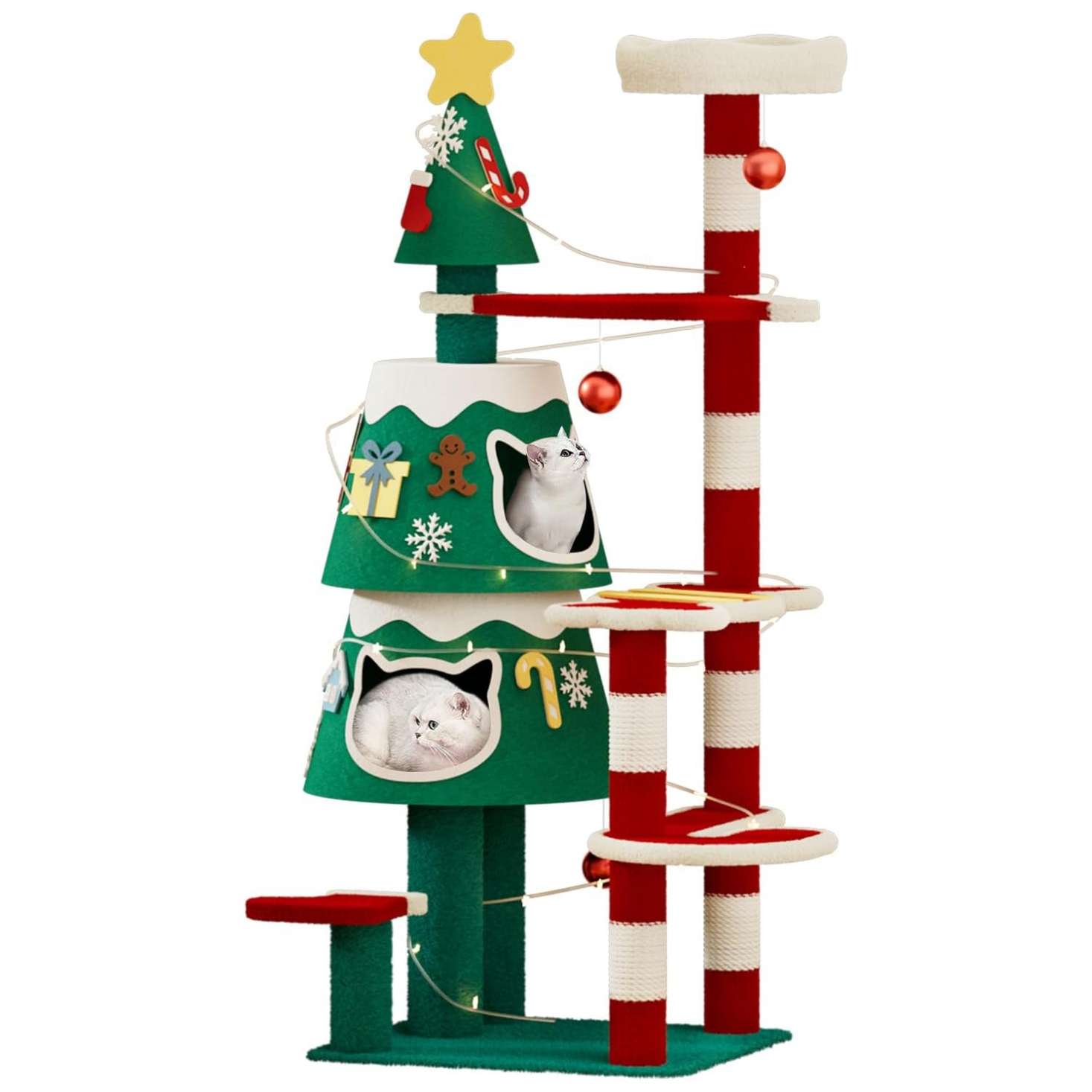 Árbol de Navidad (144 cm) para gatos grandes. Incluye 2 condominios con marco de metal, luces LED y postes de sisal engrosado.