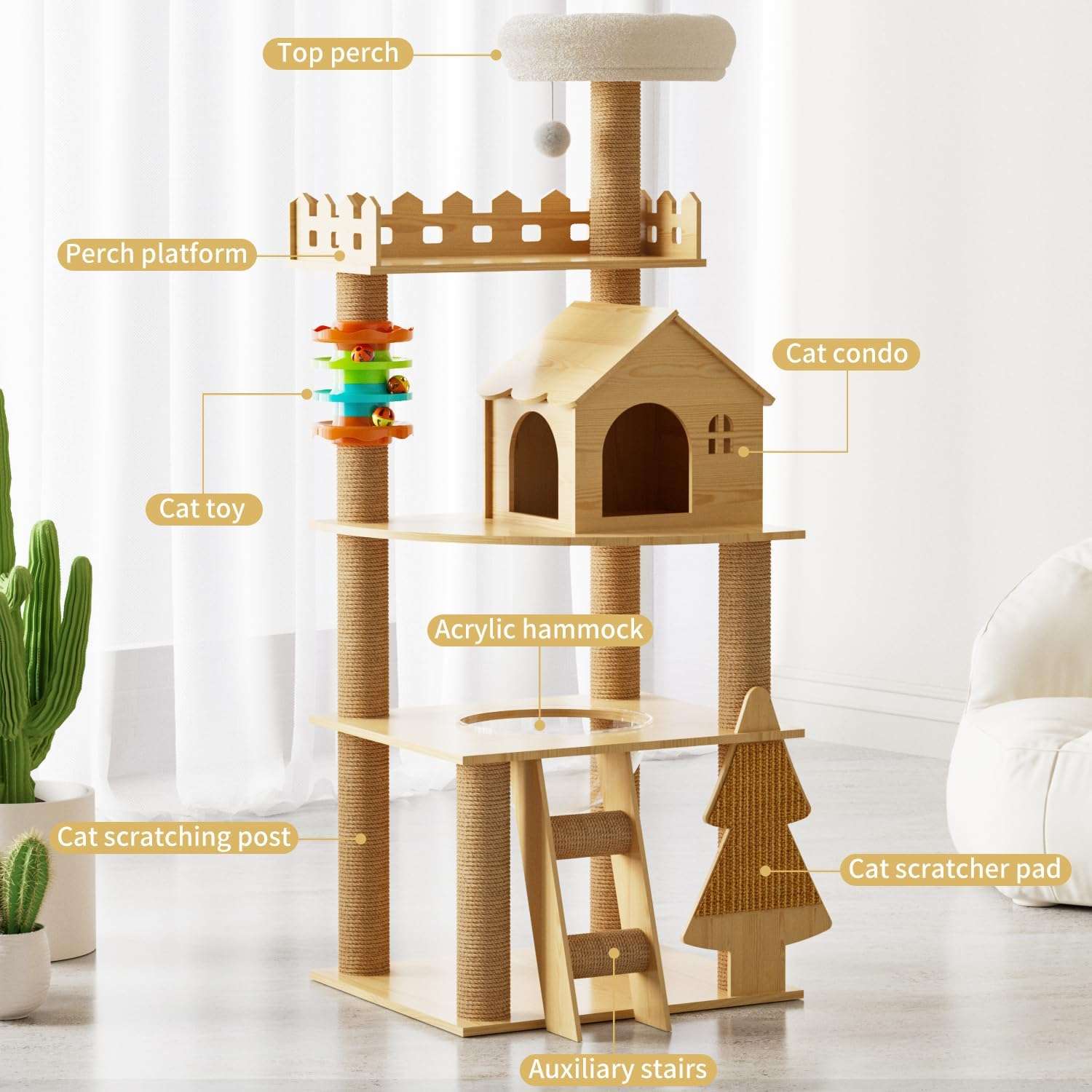 Torre para gatos de 154 cm, fabricada en madera contrachapada. Incluye hamaca transparente 360°, condominio y rascadores de sisal.