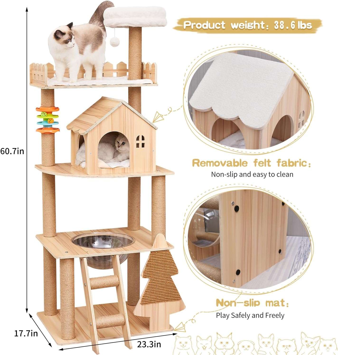 Torre para gatos de 154 cm, fabricada en madera contrachapada. Incluye hamaca transparente 360°, condominio y rascadores de sisal.
