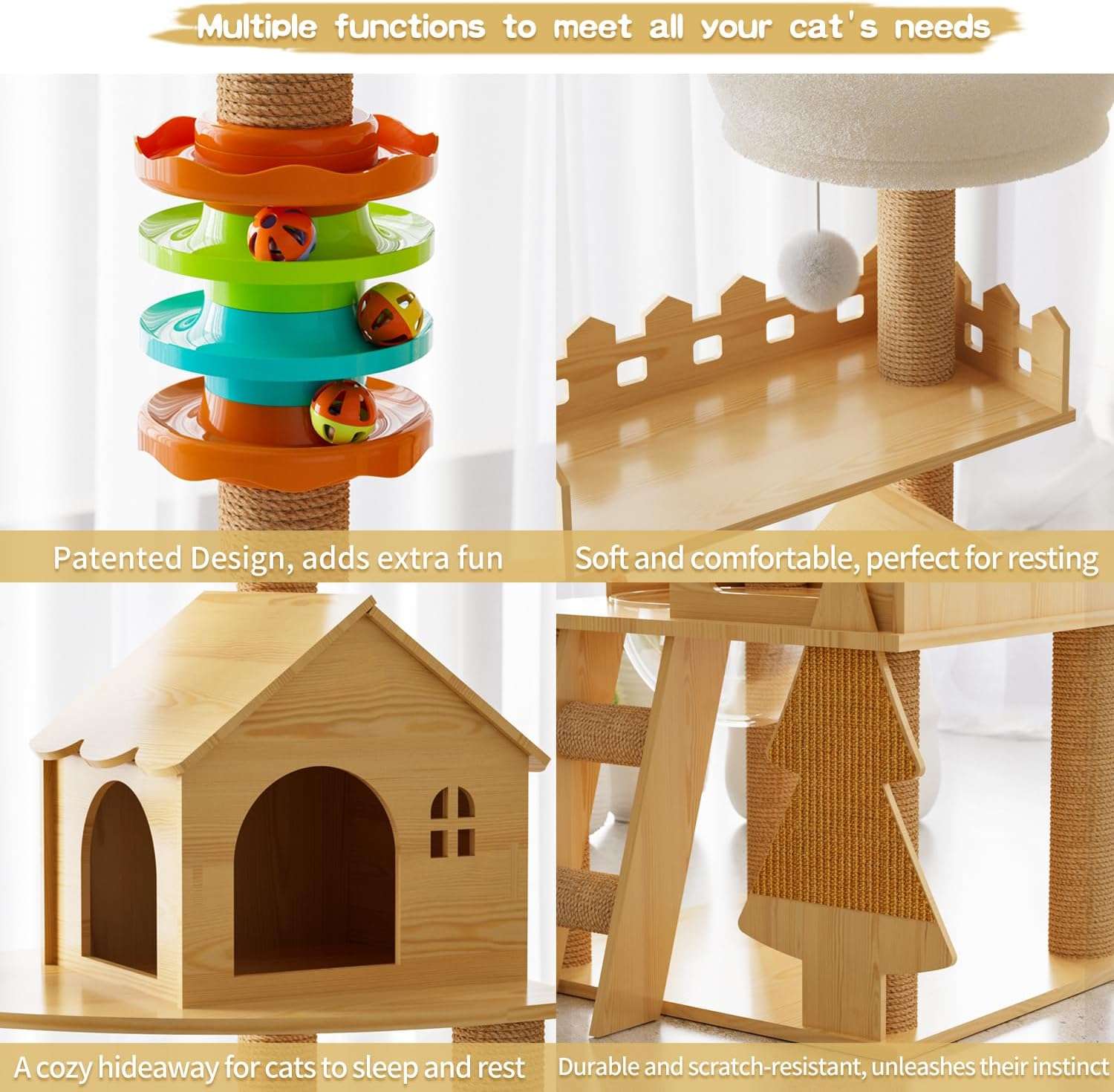 Torre para gatos de 154 cm, fabricada en madera contrachapada. Incluye hamaca transparente 360°, condominio y rascadores de sisal.