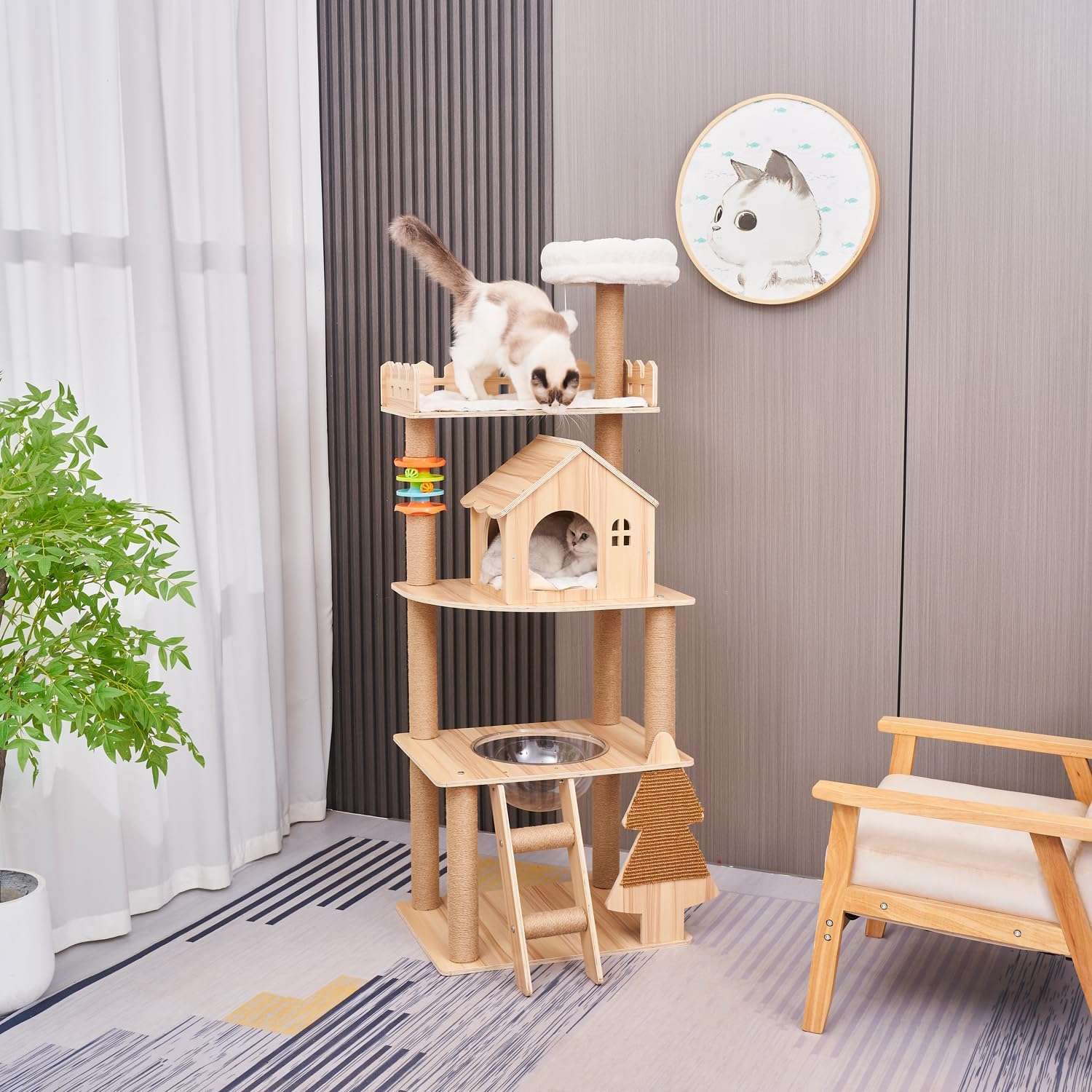 Torre para gatos de 154 cm, fabricada en madera contrachapada. Incluye hamaca transparente 360°, condominio y rascadores de sisal.