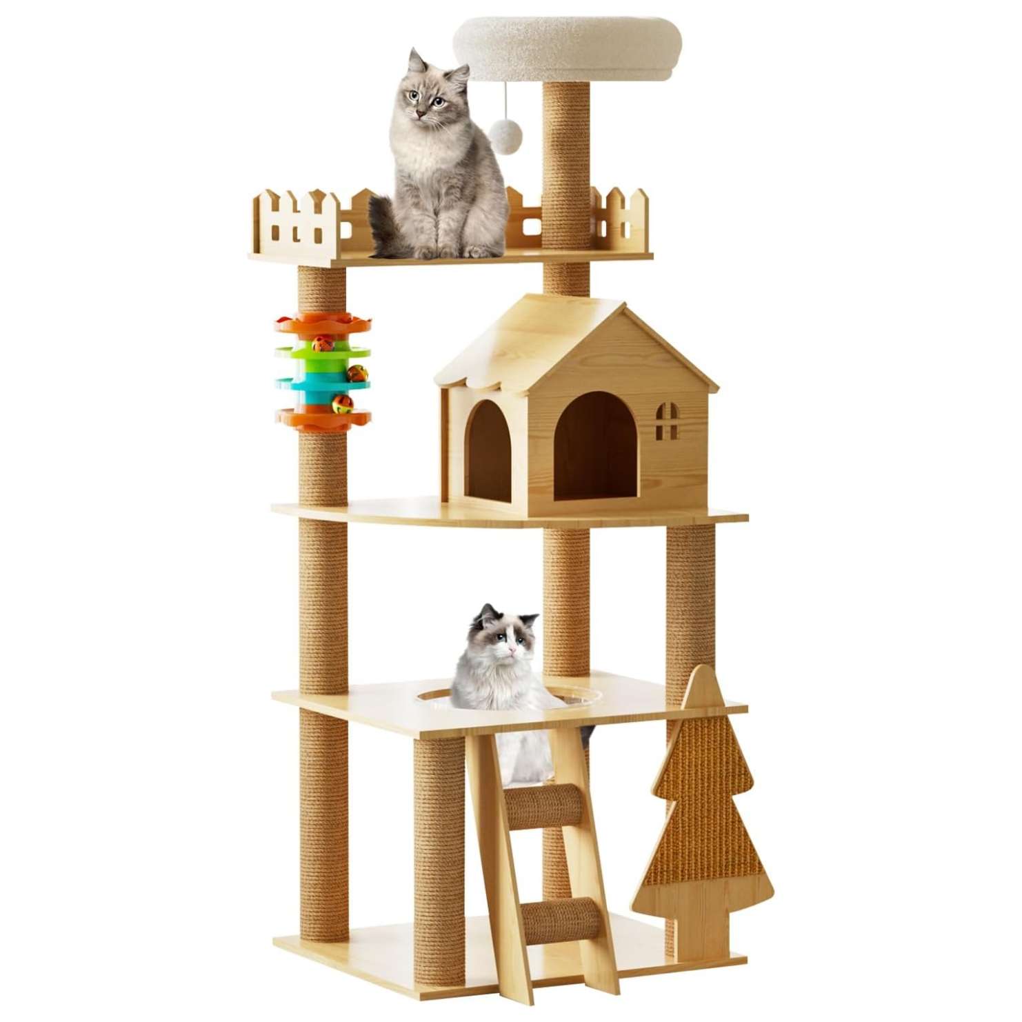 Torre para gatos de 154 cm, fabricada en madera contrachapada. Incluye hamaca transparente 360°, condominio y rascadores de sisal.