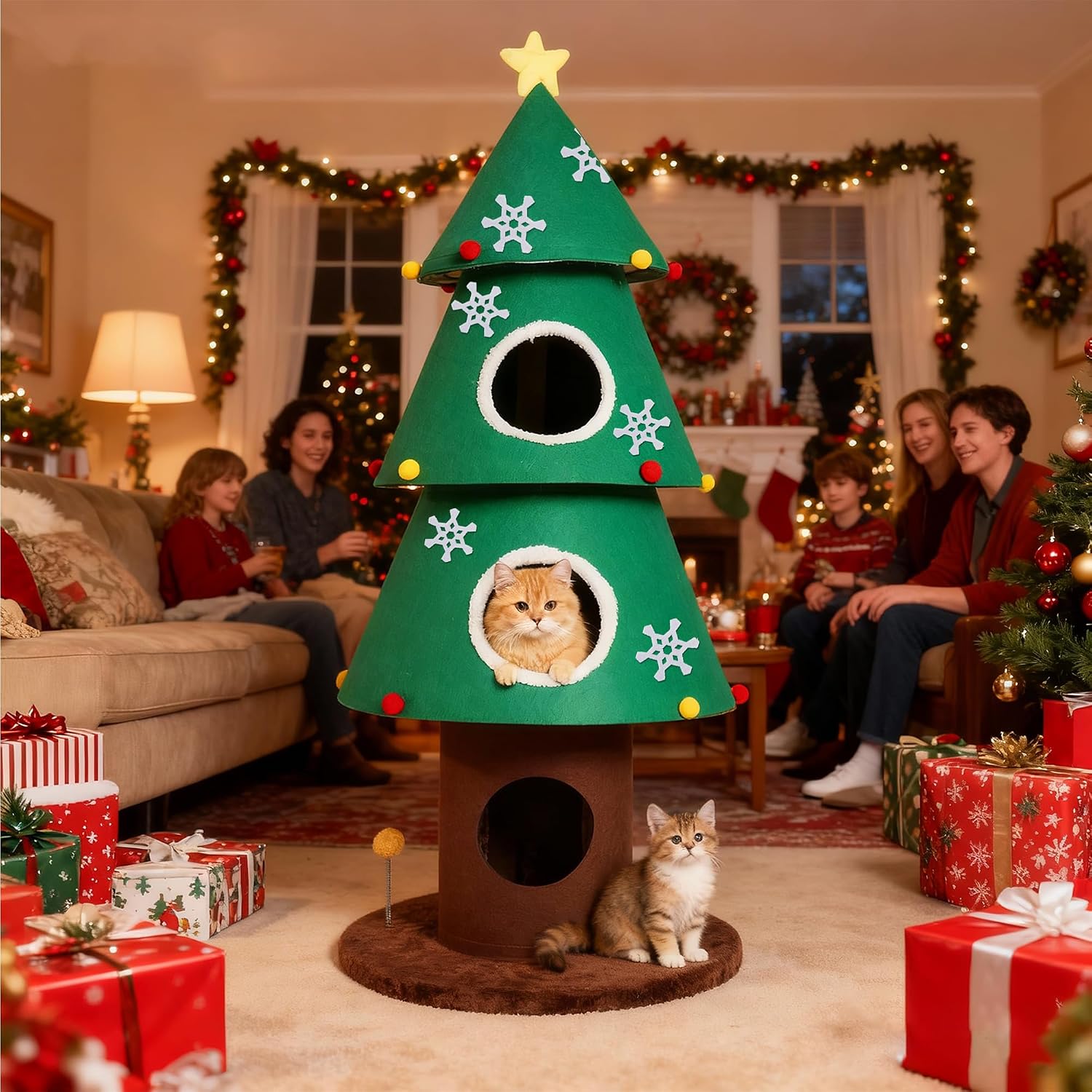 Torre para gatos de 150 cm con diseño de Árbol de Navidad. Estabilidad reforzada de 3 postes y 3 condominios extra grandes.