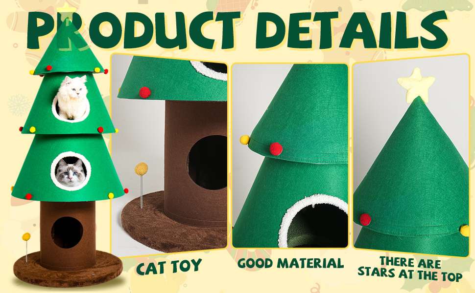Torre para gatos de 150 cm con diseño de Árbol de Navidad. Estabilidad reforzada de 3 postes y 3 condominios extra grandes.