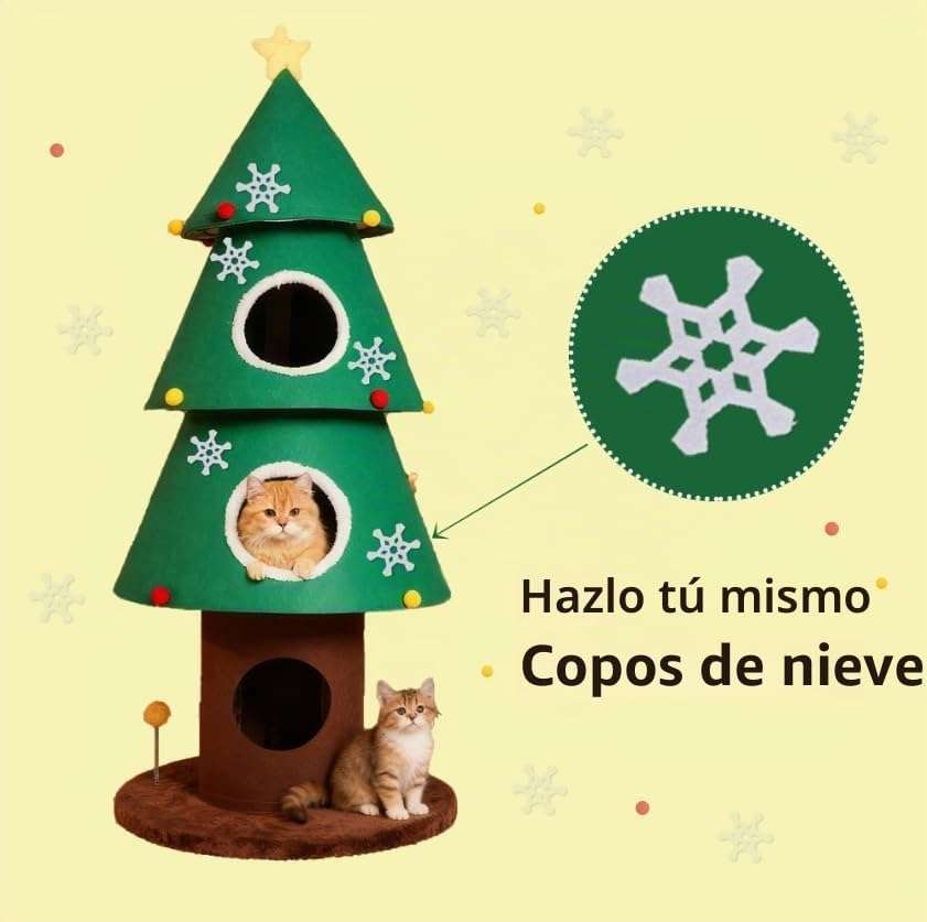 Torre para gatos de 150 cm con diseño de Árbol de Navidad. Estabilidad reforzada de 3 postes y 3 condominios extra grandes.