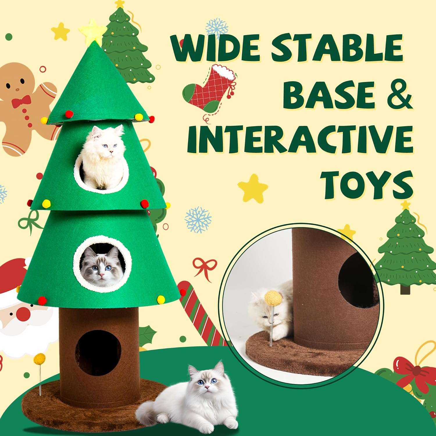 Torre para gatos de 150 cm con diseño de Árbol de Navidad. Estabilidad reforzada de 3 postes y 3 condominios extra grandes.