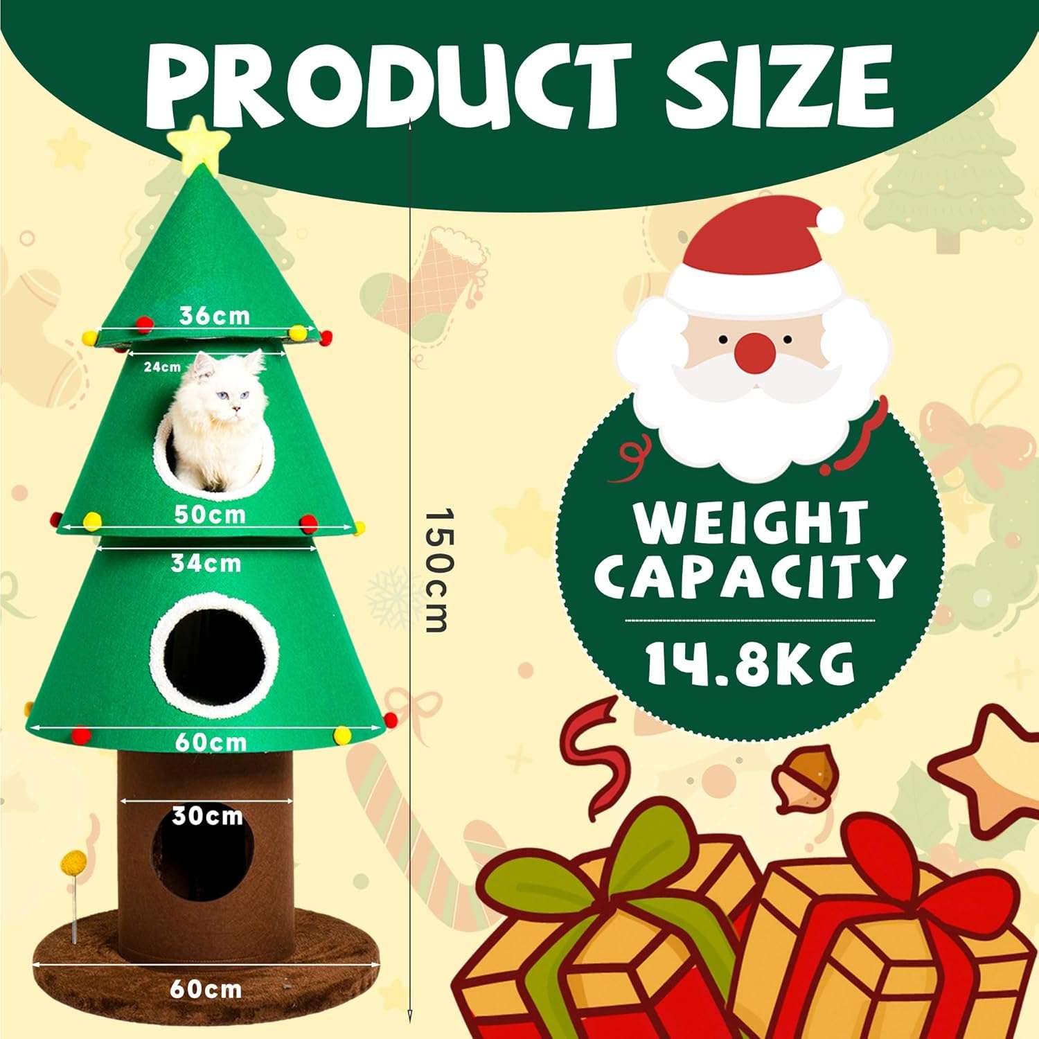 Torre para gatos de 150 cm con diseño de Árbol de Navidad. Estabilidad reforzada de 3 postes y 3 condominios extra grandes.