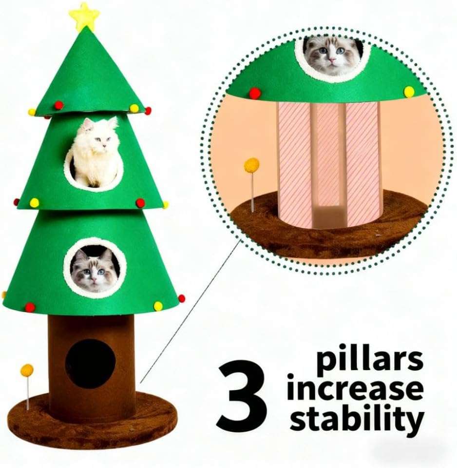 Torre para gatos de 150 cm con diseño de Árbol de Navidad. Estabilidad reforzada de 3 postes y 3 condominios extra grandes.
