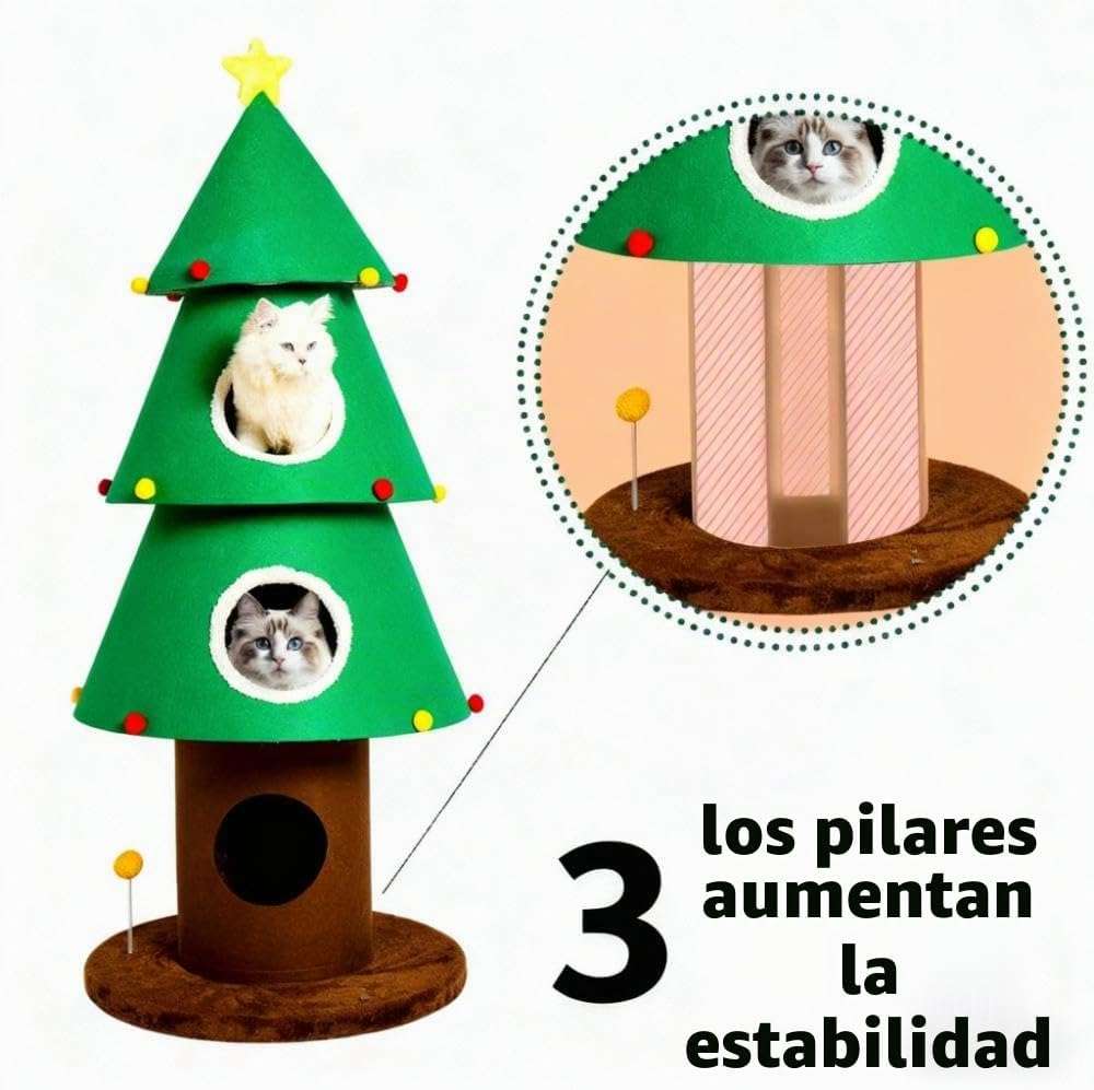Torre para gatos de 150 cm con diseño de Árbol de Navidad. Estabilidad reforzada de 3 postes y 3 condominios extra grandes.
