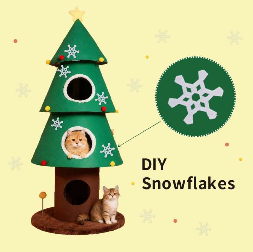 Torre para gatos de 150 cm con diseño de Árbol de Navidad. Estabilidad reforzada de 3 postes y 3 condominios extra grandes.