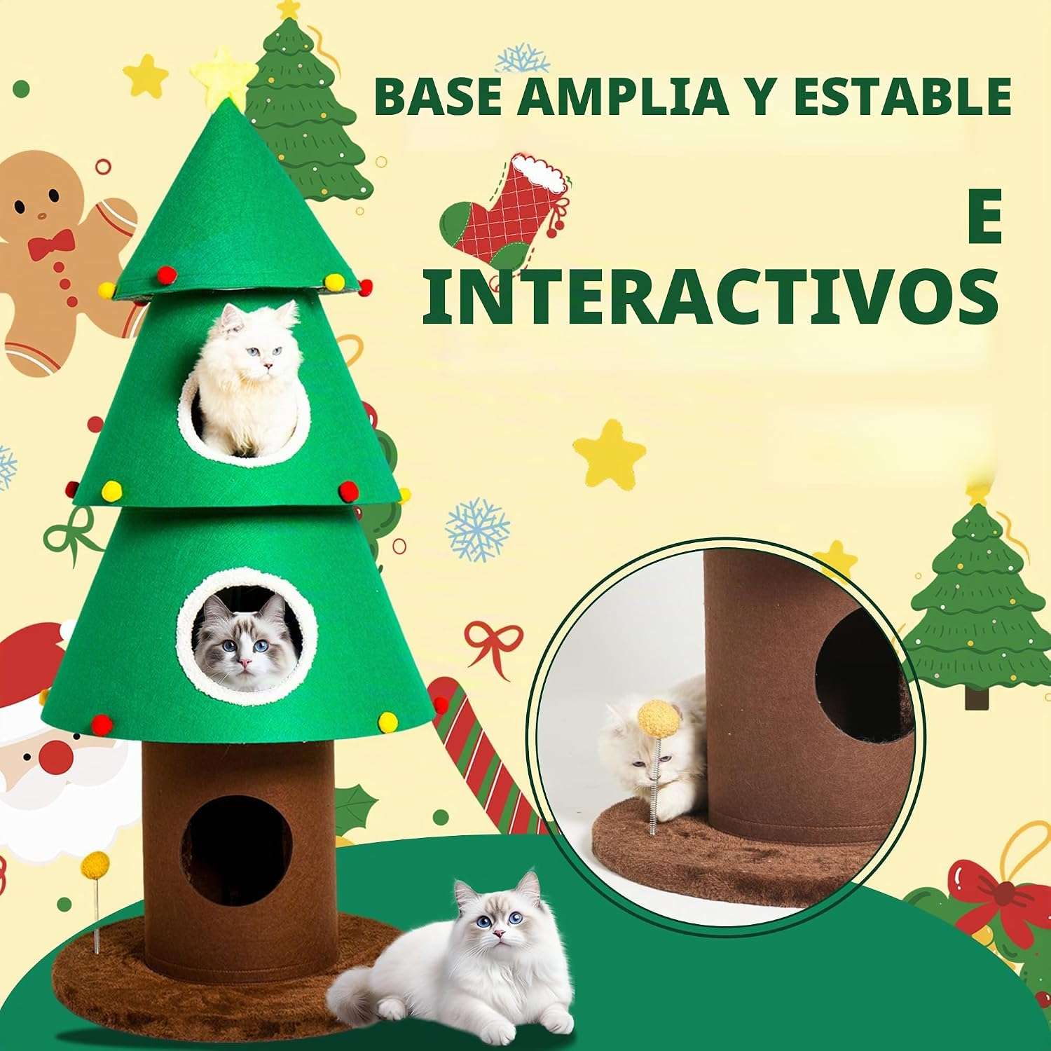 Torre para gatos de 150 cm con diseño de Árbol de Navidad. Estabilidad reforzada de 3 postes y 3 condominios extra grandes.