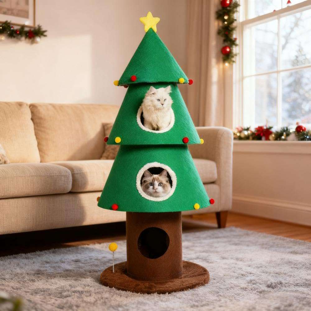 Torre para gatos de 150 cm con diseño de Árbol de Navidad. Estabilidad reforzada de 3 postes y 3 condominios extra grandes.