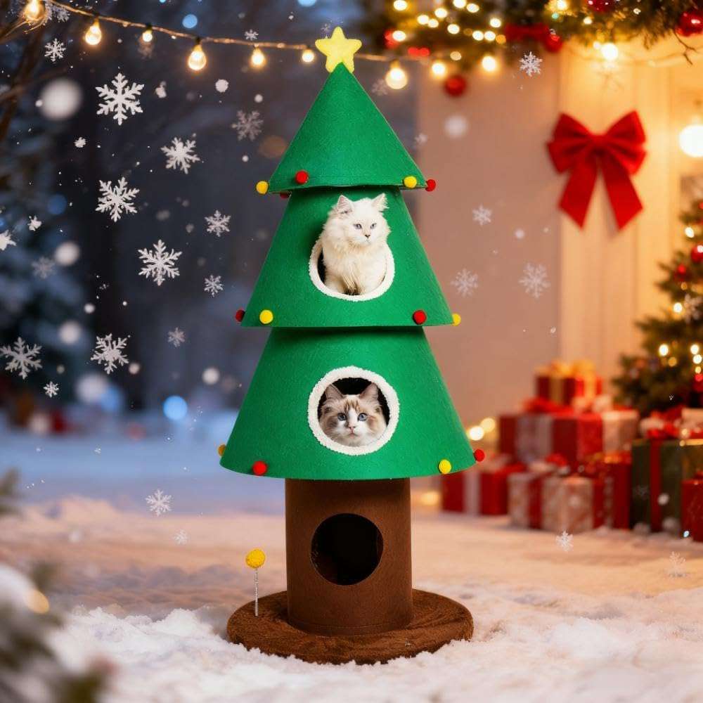 Torre para gatos de 150 cm con diseño de Árbol de Navidad. Estabilidad reforzada de 3 postes y 3 condominios extra grandes.