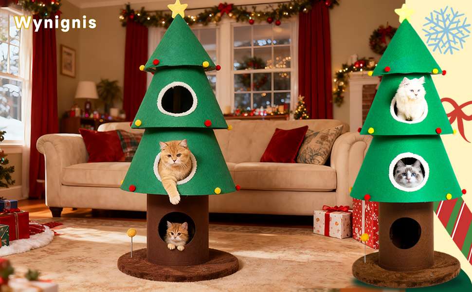 Torre para gatos de 150 cm con diseño de Árbol de Navidad. Estabilidad reforzada de 3 postes y 3 condominios extra grandes.
