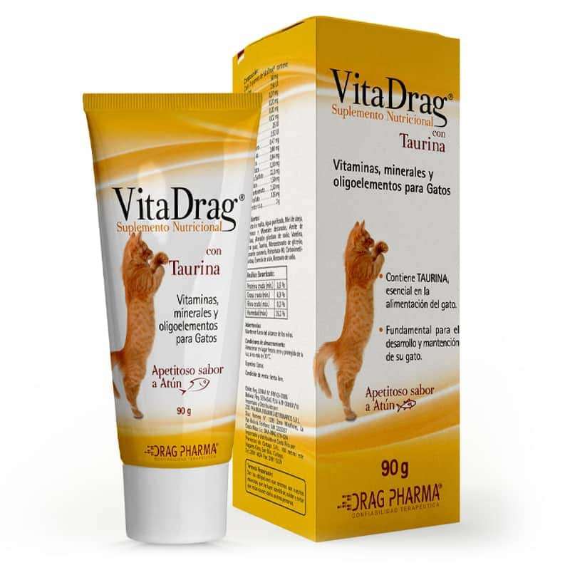 VitaDrag Gatos 90g. Pasta oral suplemento nutricional con taurina, vitaminas y sabor a atún.