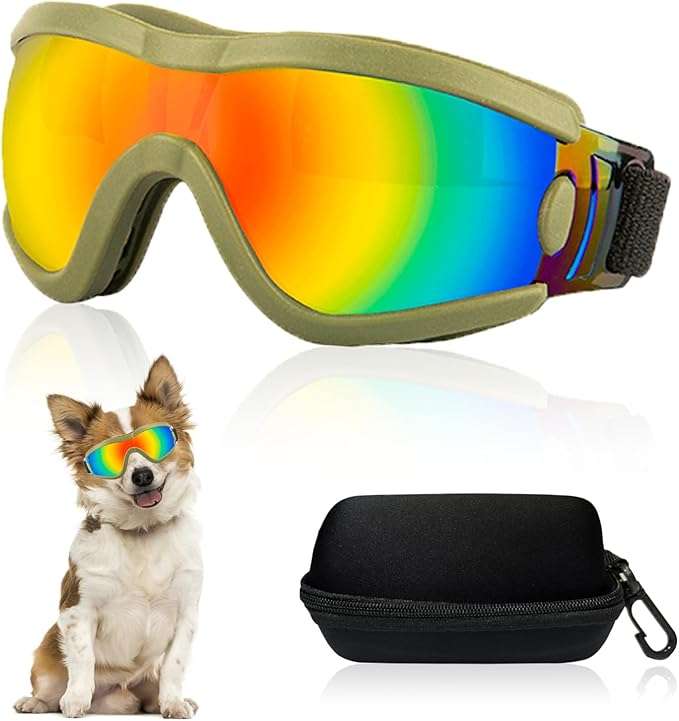 Gafas de sol de goma suave para cachorros y perros pequeños con estuche protector.