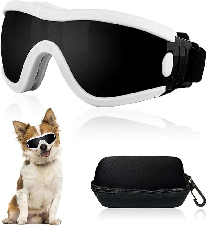 Gafas de sol de goma suave para cachorros y perros pequeños con estuche protector.