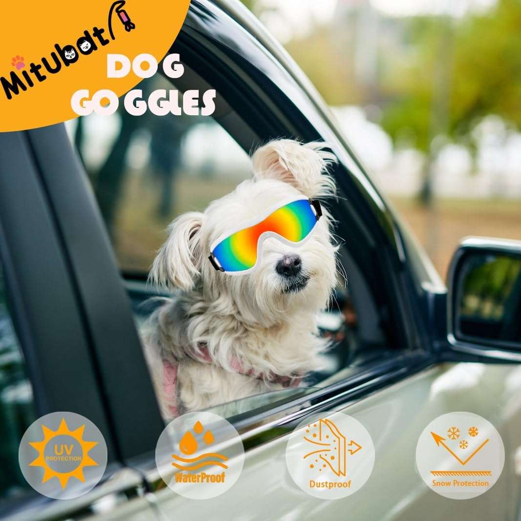 Gafas de sol de goma suave para cachorros y perros pequeños con estuche protector.