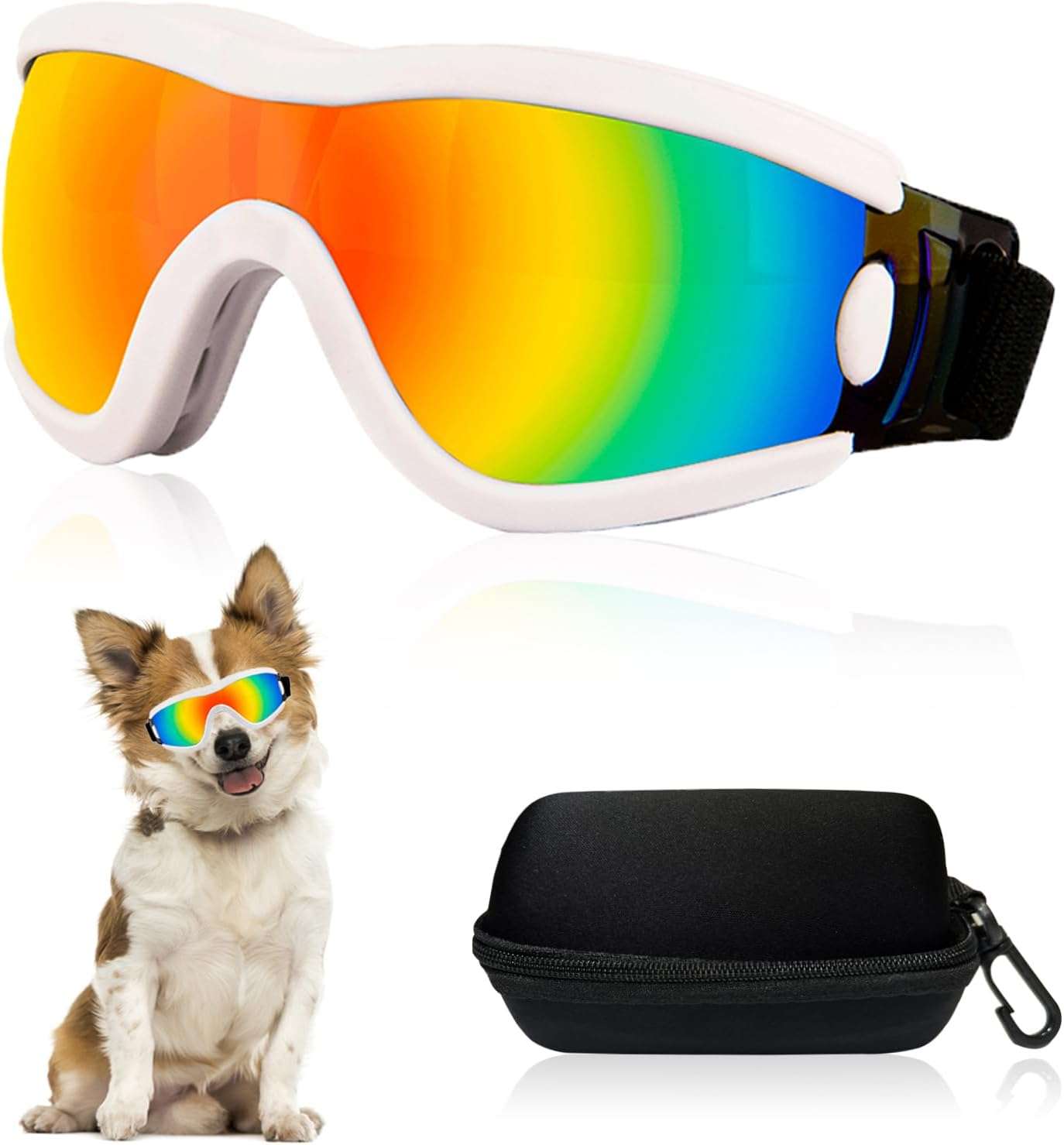 Gafas de sol de goma suave para cachorros y perros pequeños con estuche protector.