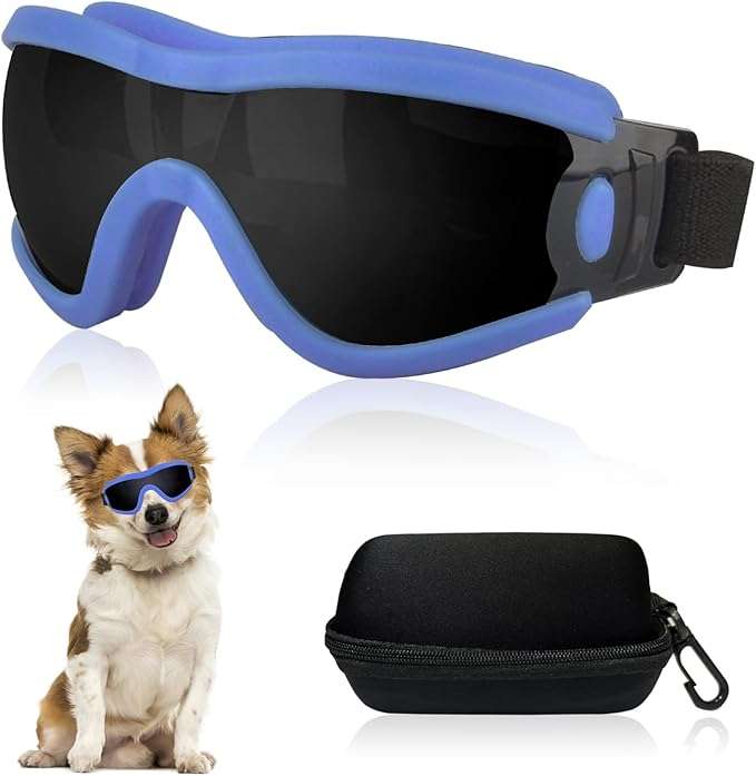 Gafas de sol de goma suave para cachorros y perros pequeños con estuche protector.