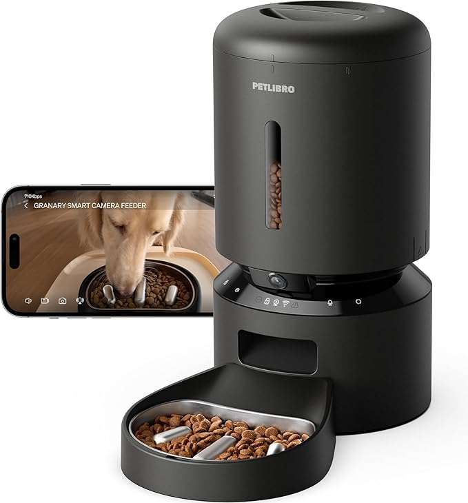 Comedero inteligente para gatos con camara HD 1080P plato de alimentacion lenta de acero inoxidable y capacidad de 2 kg color blanco.