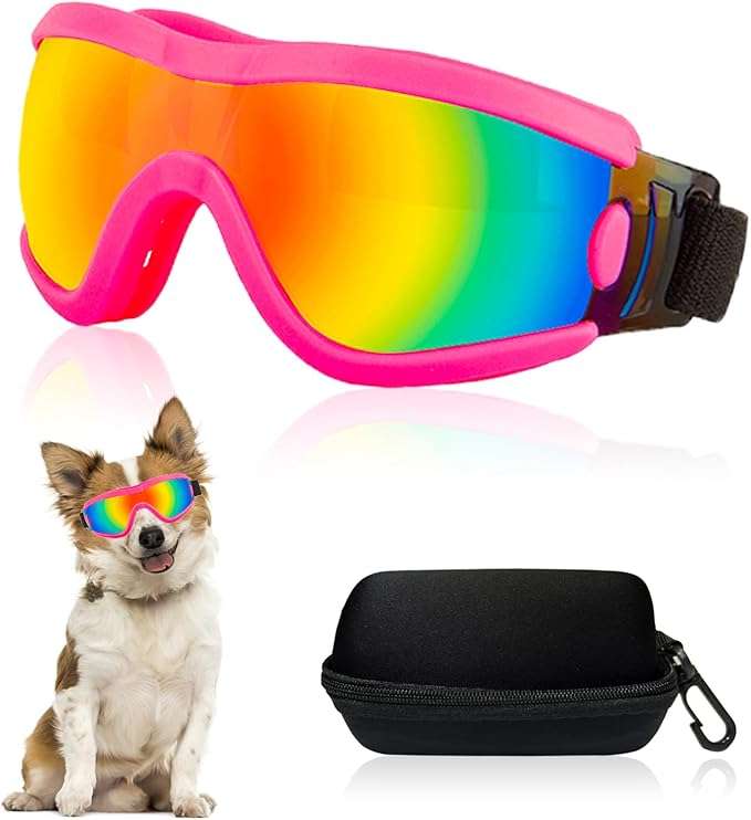 Gafas de sol de goma suave para cachorros y perros pequeños con estuche protector.