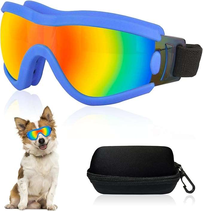 Gafas de sol de goma suave para cachorros y perros pequeños con estuche protector.