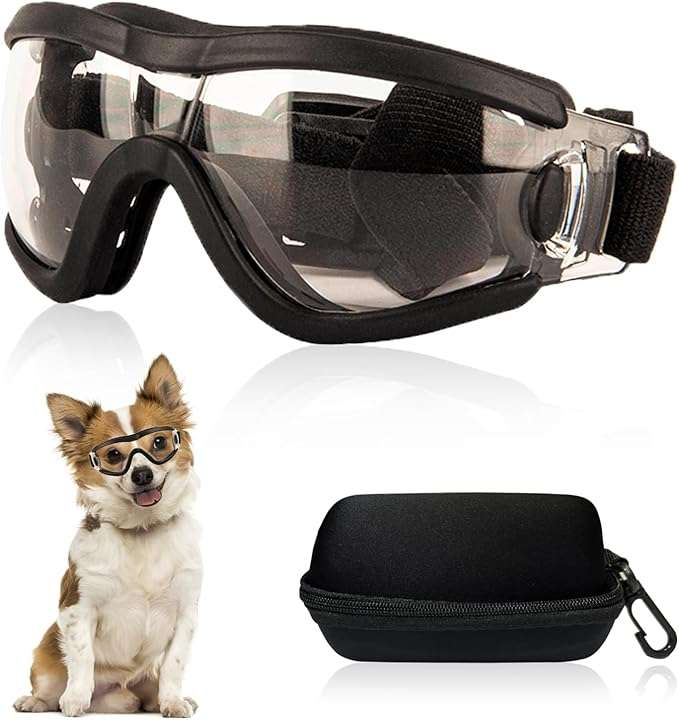 Gafas de sol de goma suave para cachorros y perros pequeños con estuche protector.