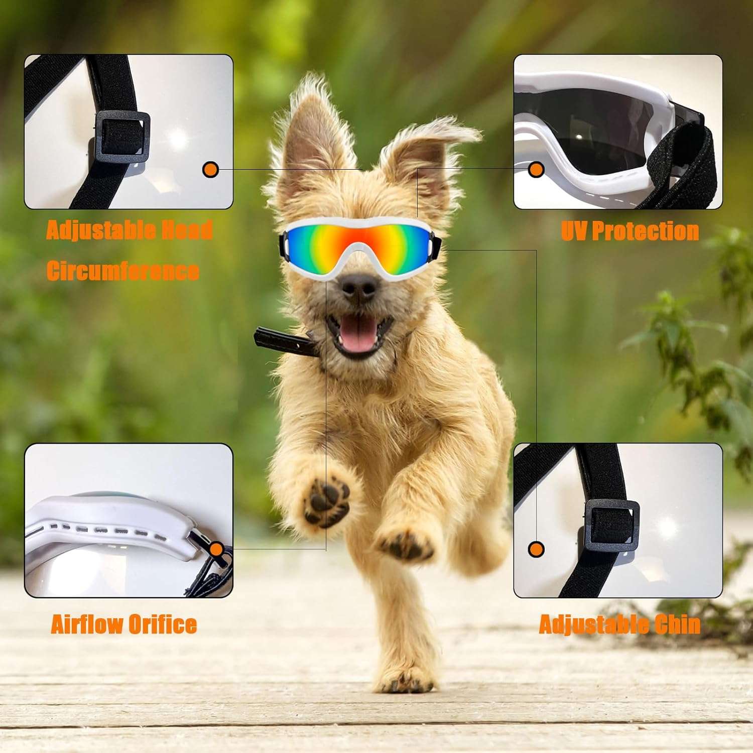 Gafas de sol de goma suave para cachorros y perros pequeños con estuche protector.