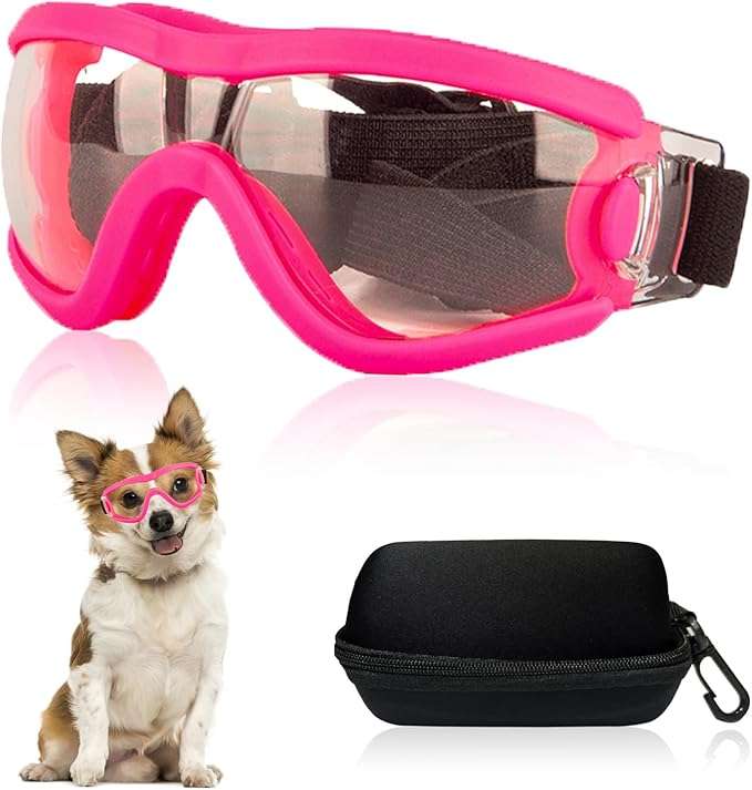Gafas de sol de goma suave para cachorros y perros pequeños con estuche protector.