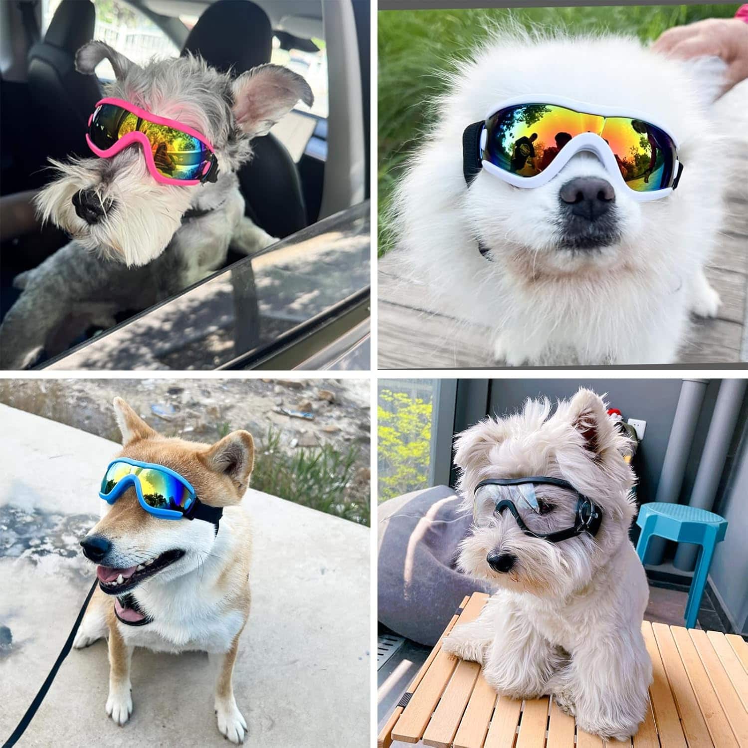 Gafas de sol de goma suave para cachorros y perros pequeños con estuche protector.