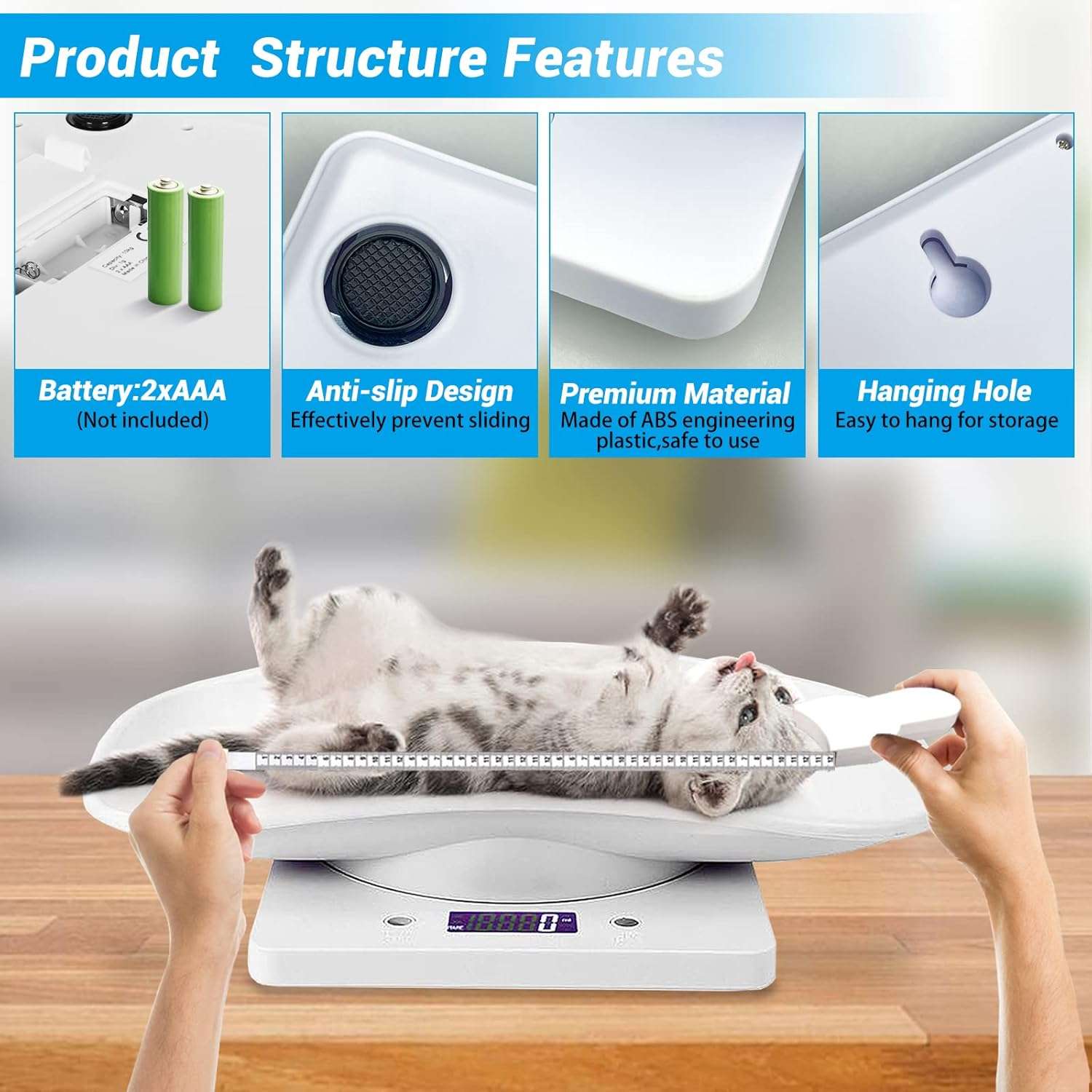 Bascula digital compacta con bandeja para pesar cachorros y gatitos recien nacidos incluye accesorios.
