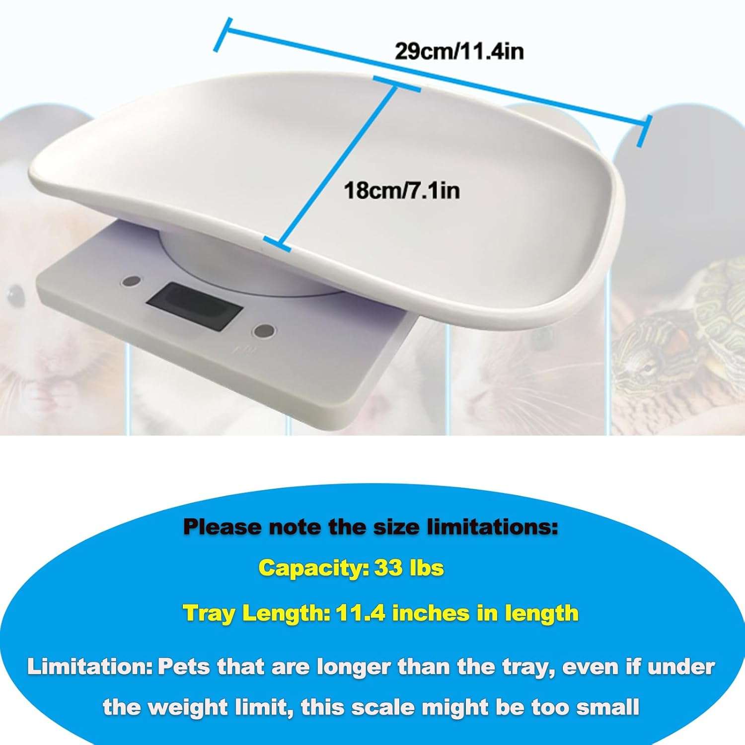 Bascula digital mini para pesar cachorros y gatitos recien nacidos de hasta 15 kilos con bandeja y accesorios.