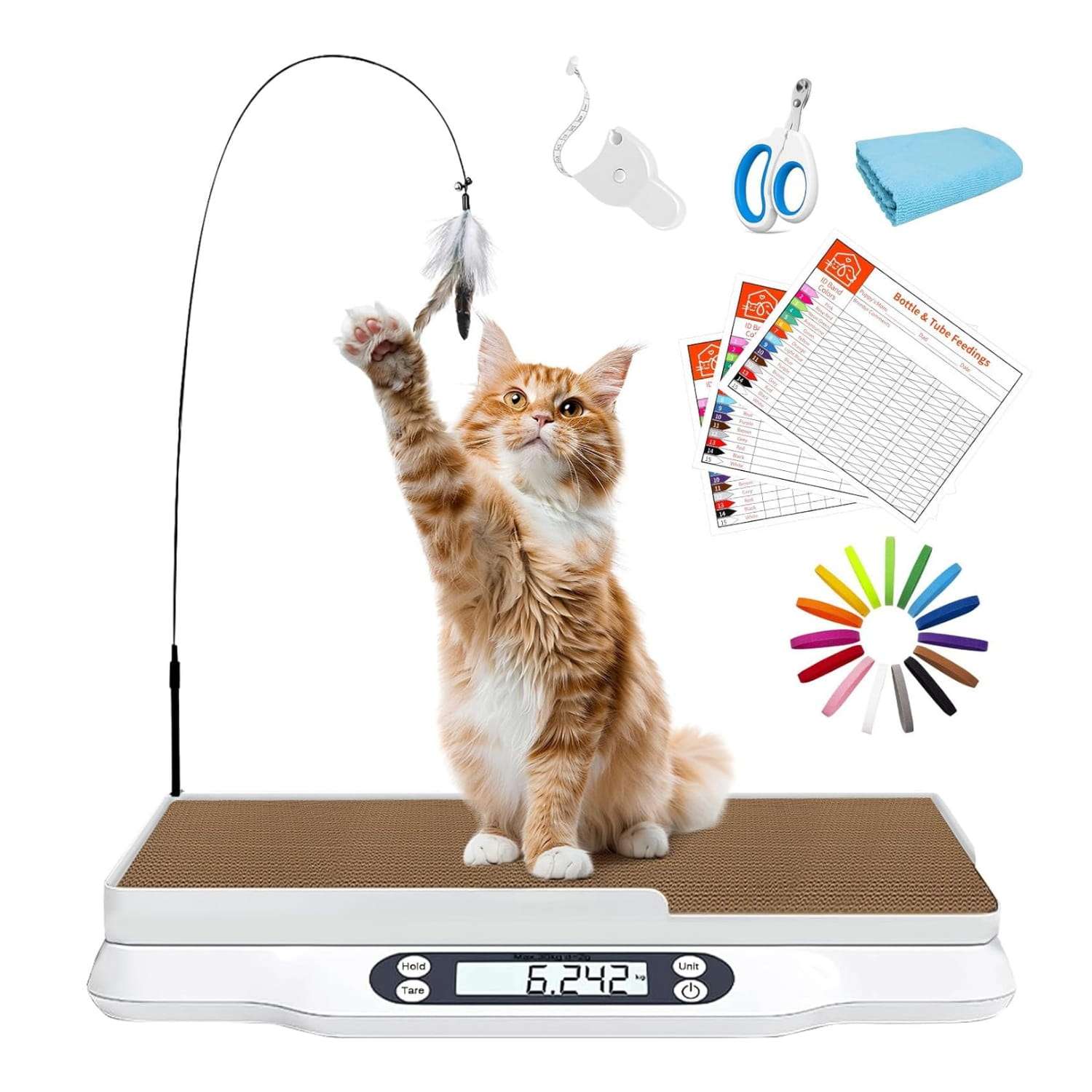 Bascula digital de 30 kilos y pesa para mascotas con kit de crianza completo. Incluye collares de identificacion, cortauñas y registros de salud.