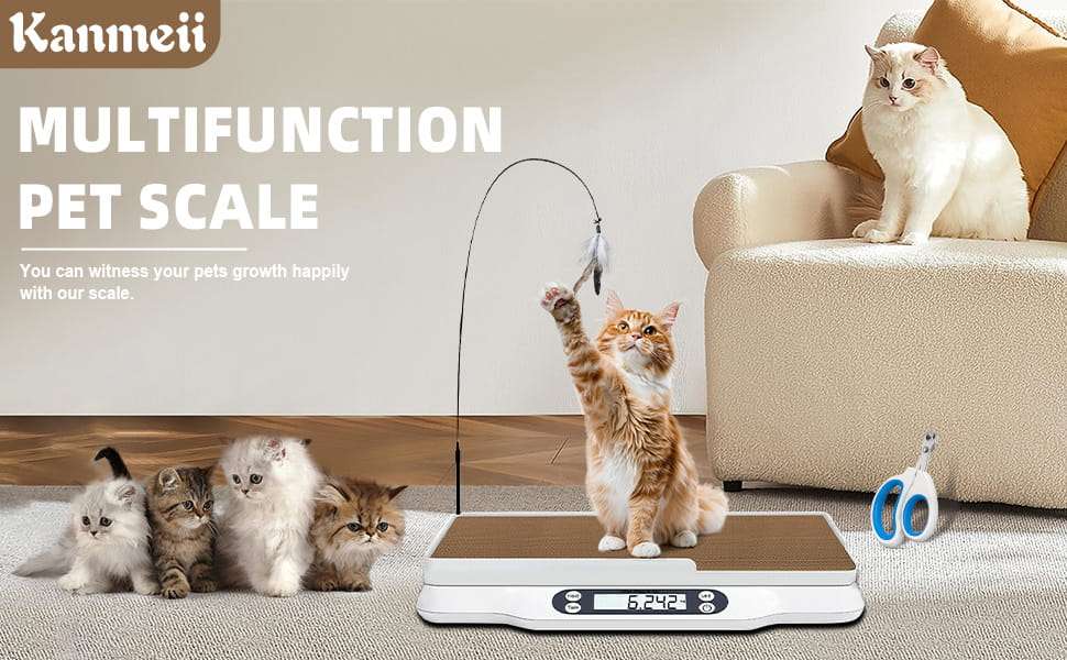 Bascula digital de 30 kilos y pesa para mascotas con kit de crianza completo. Incluye collares de identificacion, cortauñas y registros de salud.
