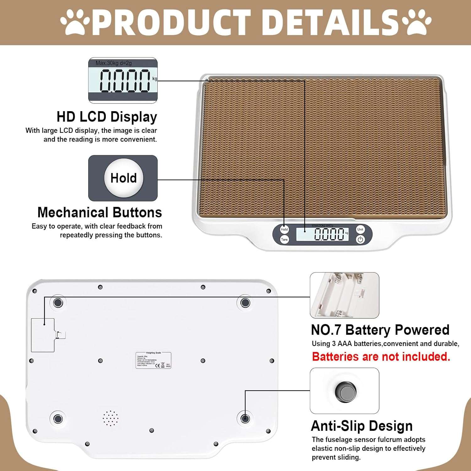Bascula digital de 30 kilos y pesa para mascotas con kit de crianza completo. Incluye collares de identificacion, cortauñas y registros de salud.