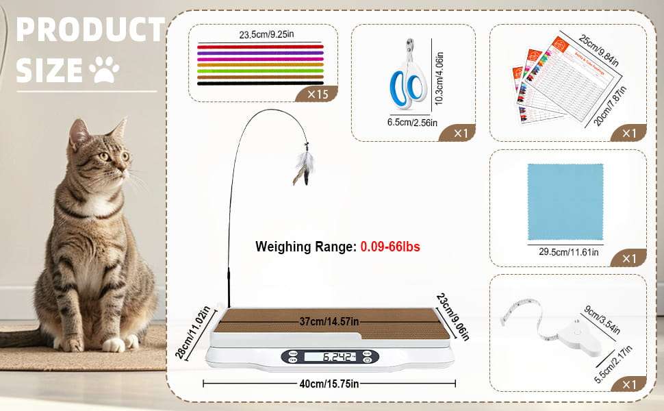Bascula digital de 30 kilos y pesa para mascotas con kit de crianza completo. Incluye collares de identificacion, cortauñas y registros de salud.