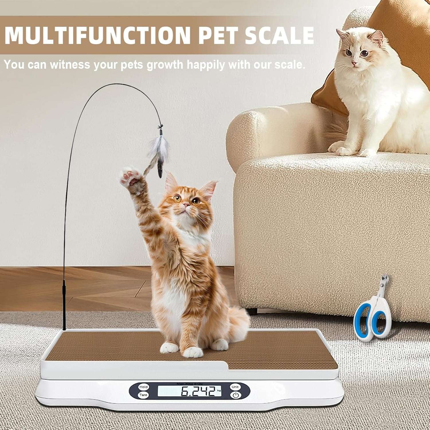 Bascula digital de 30 kilos y pesa para mascotas con kit de crianza completo. Incluye collares de identificacion, cortauñas y registros de salud.